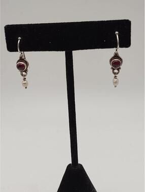 VTG Sterling Silver Wine Red Stone & Pearl Dangle Earrings